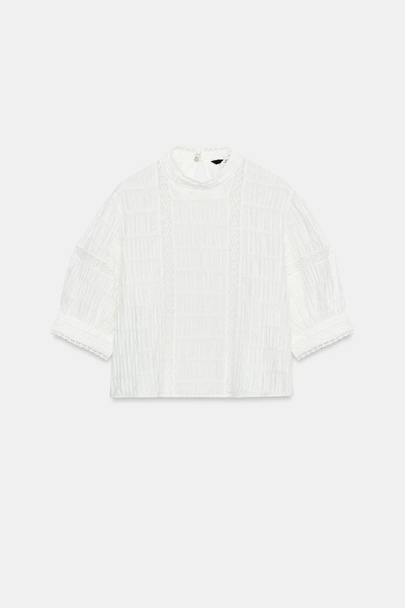 BALLOON SLEEVE LACE TRIM SHIRT