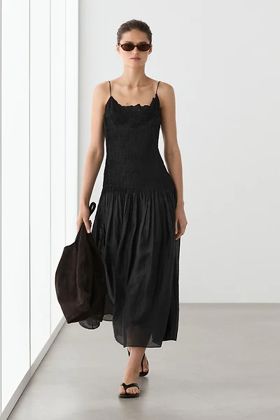 Flowing embroidered midi dress with pintuck detail