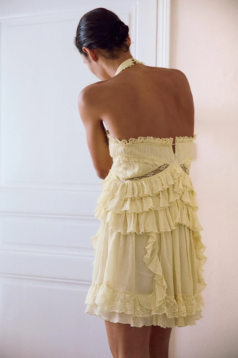SHORT RUFFLED LACE HALTER DRESS