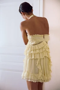 SHORT RUFFLED LACE HALTER DRESS