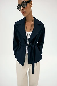 LINEN BLEND BELTED TRENCH JACKET