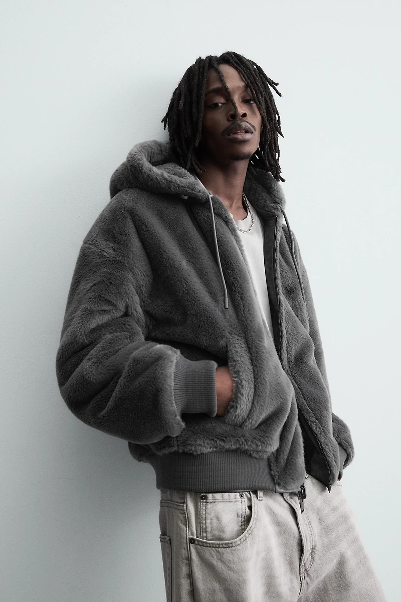 REVERSIBLE FAUX LEATHER BOMBER JACKET