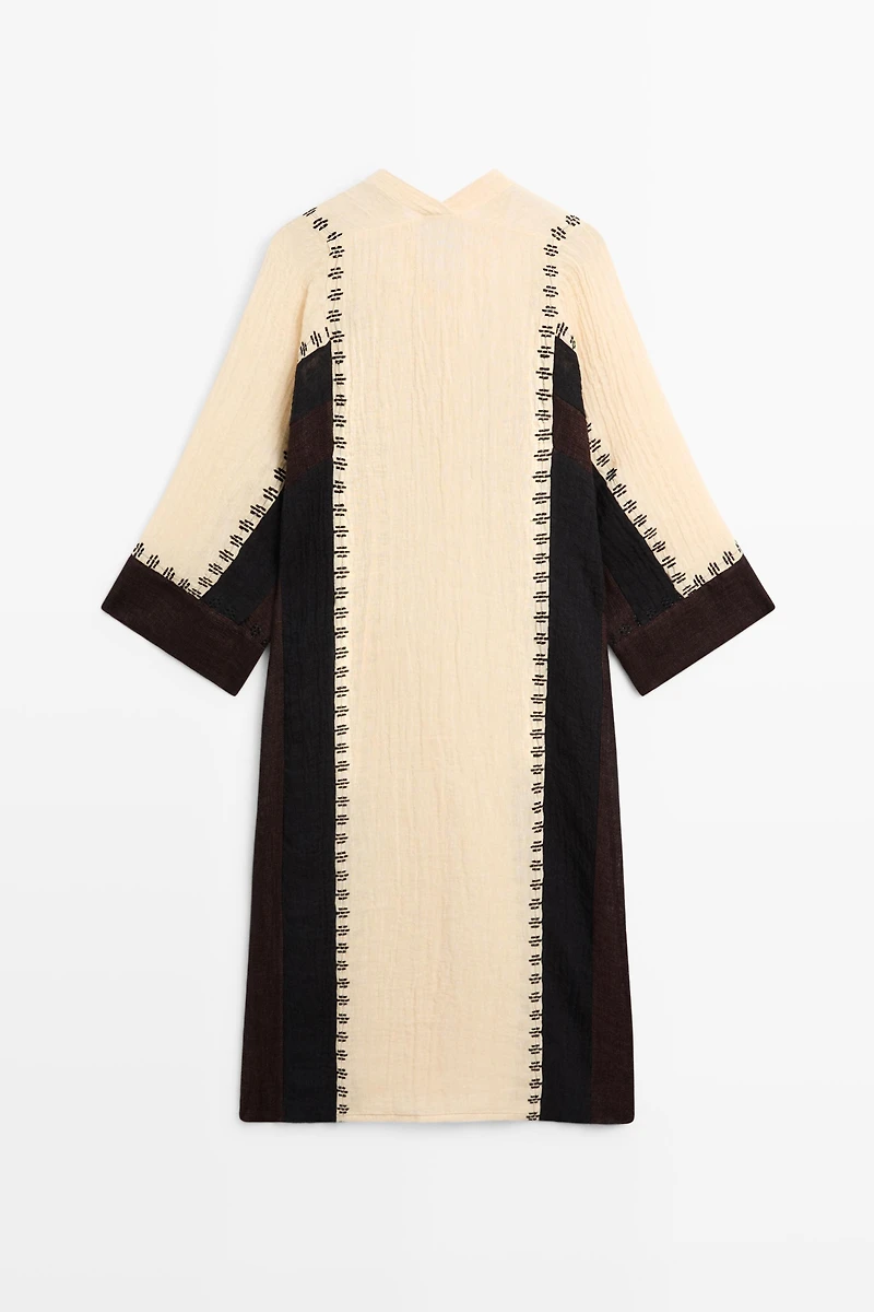Linen blend embroidered kaftan dress