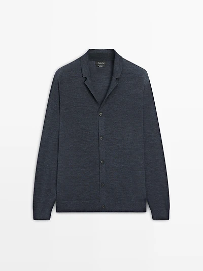 Wool knit cardigan with lapel collar