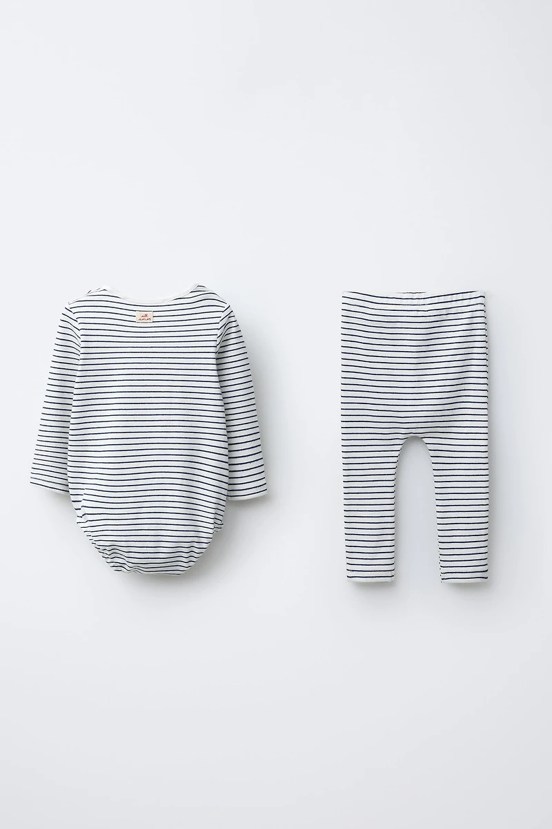 DOG PRINT STRIPED BODYSUIT AND LEGGINGS SET