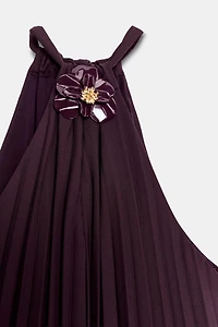 PLEATED MIDI DRESS WITH FLORAL BROOCH