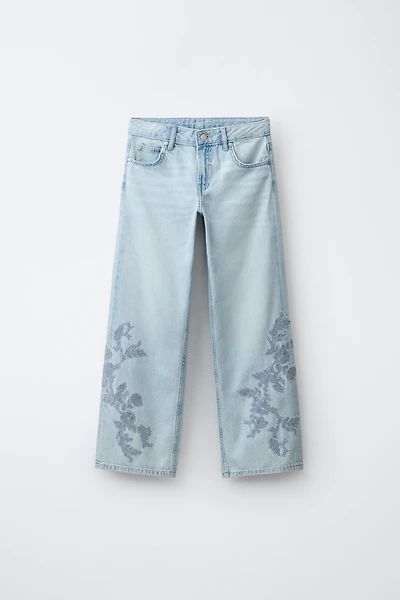 RHINESTONE EMBROIDERED FLORAL WIDE LEG JEANS