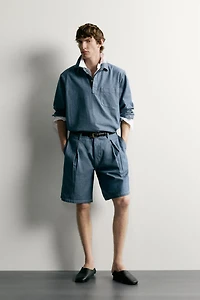 PLEATED LIGHTWEIGHT DENIM SHORTS