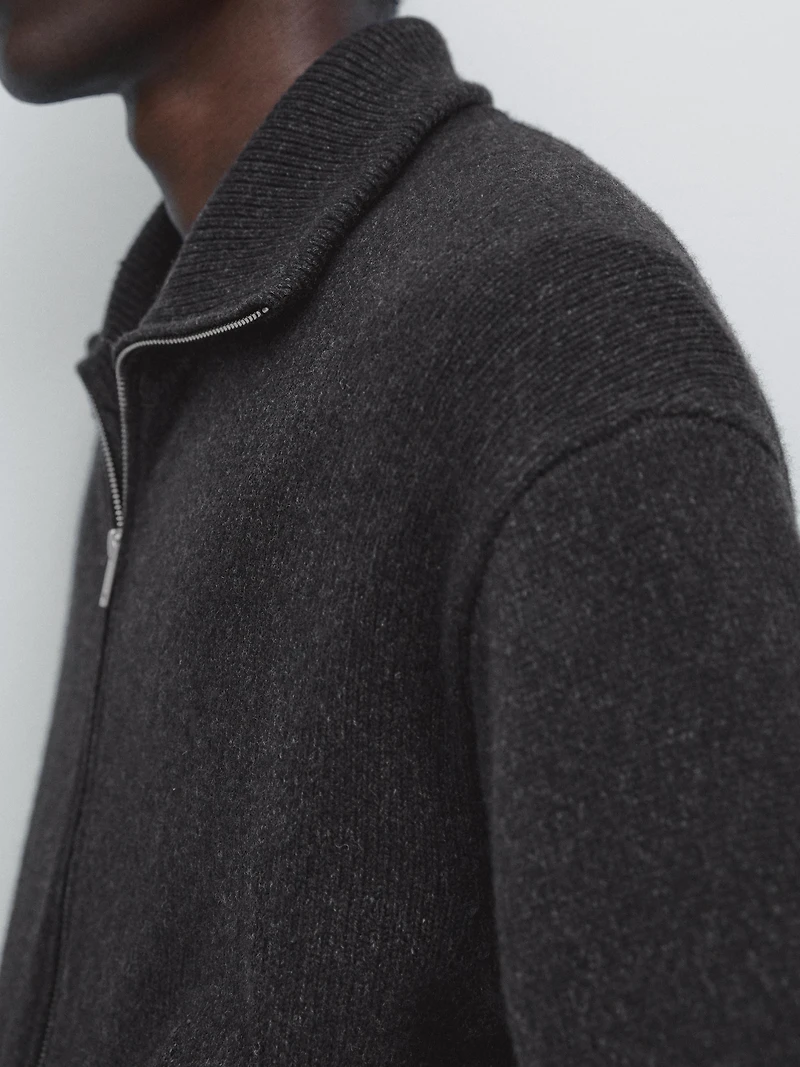 Wool blend high neck knit cardigan