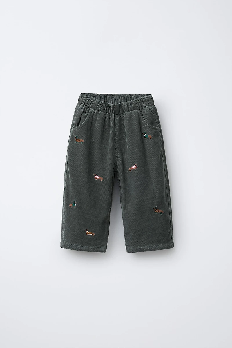 EMBROIDERED LINED FINE WALED CORDUROY PANTS