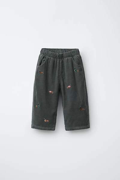 EMBROIDERED LINED FINE WALED CORDUROY PANTS