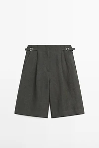 Long melange linen Bermuda shorts with buckle detail