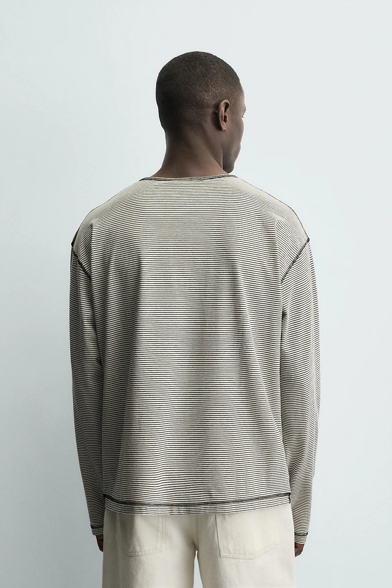 STRIPED HENLEY NECK T-SHIRT
