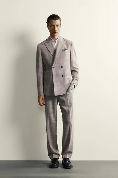 CHECKED WOOL BLEND PLEATED SUIT PANTS