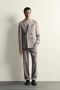 CHECKED WOOL BLEND PLEATED SUIT PANTS