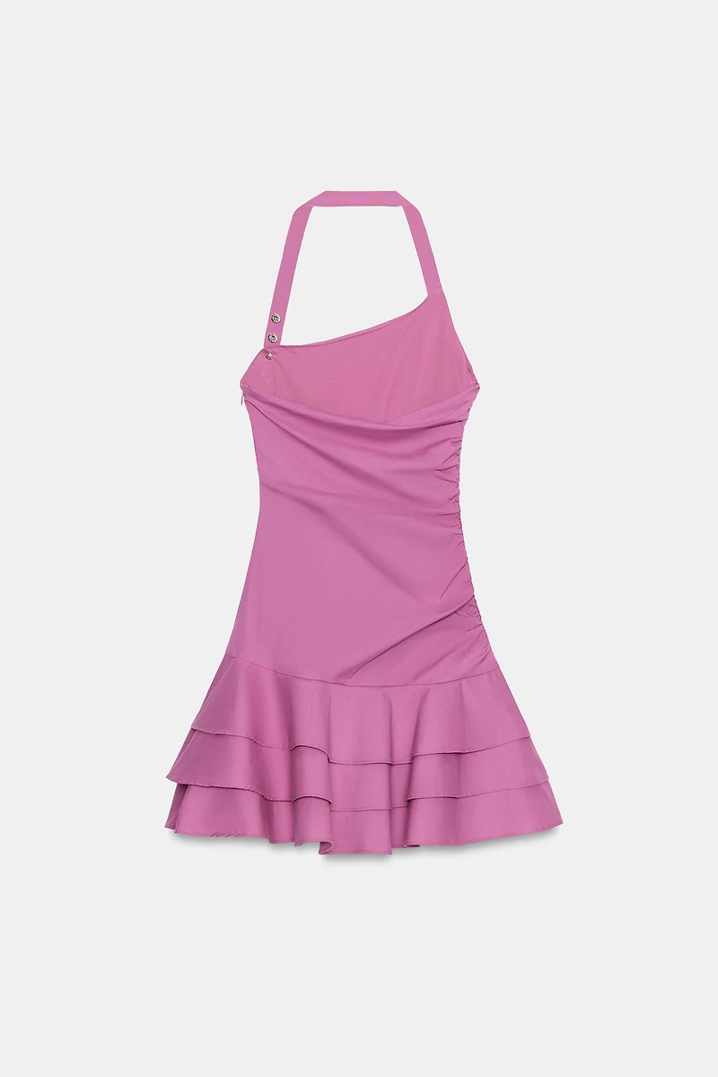 ROBE EN POPELINE AVEC ENCOLURE AMÉRICAINE À VOLANTS
