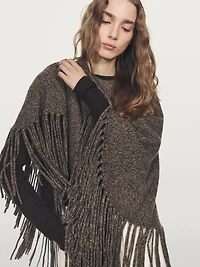 Wool blend mouliné knit cape with fringing