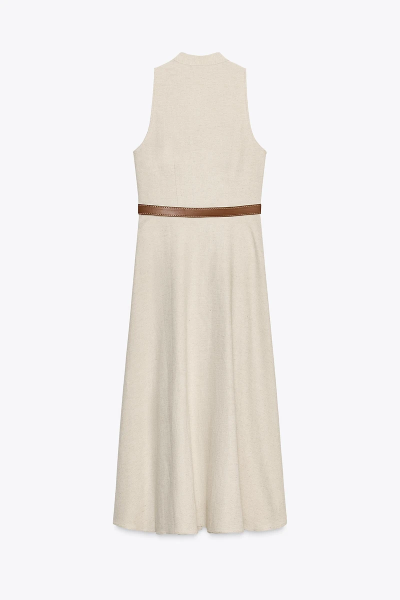 BELTED LINEN MIDI DRESS
