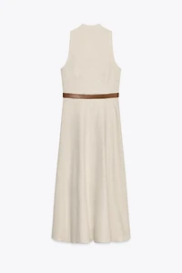 BELTED LINEN MIDI DRESS