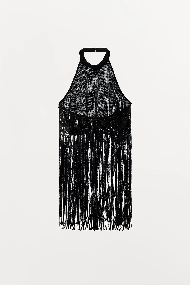 SEQUIN FRINGE HALTER TOP