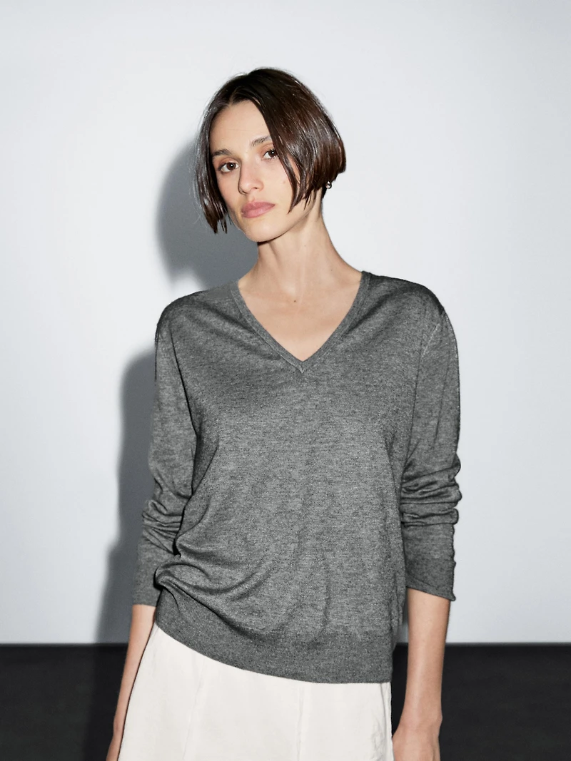 Wool blend V-neck knit sweater