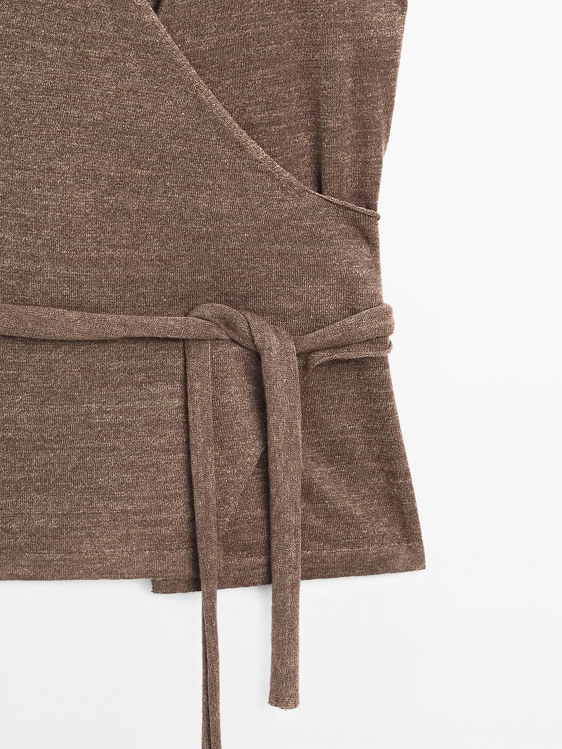 Linen blend knit crossover top