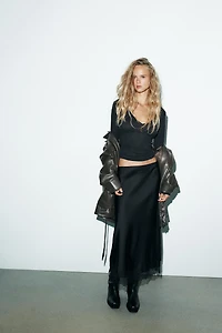SATIN EFFECT LACE MIDI SKIRT