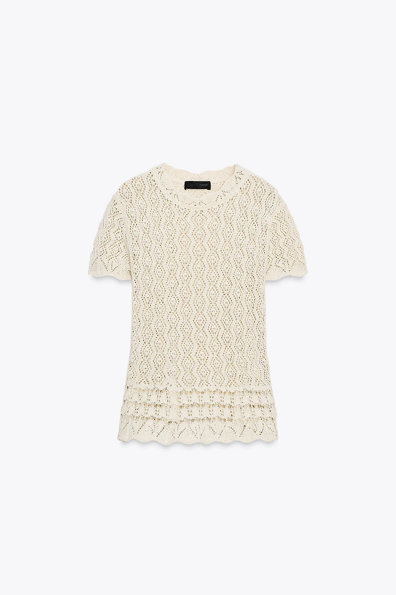 SHORT SLEEVE POINTELLE KNIT TOP