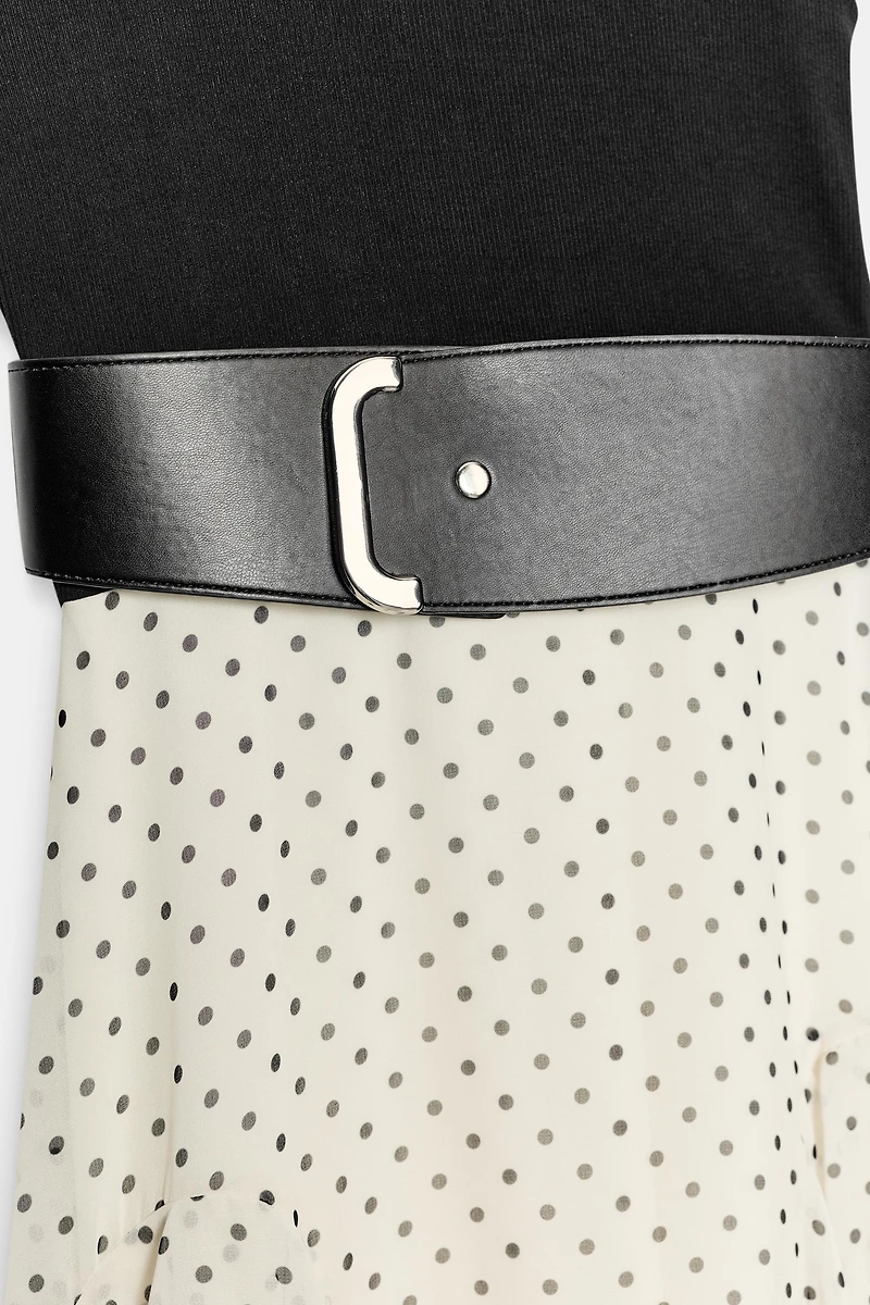 COMBINATION POLKA DOT RUFFLED BELTED DRESS