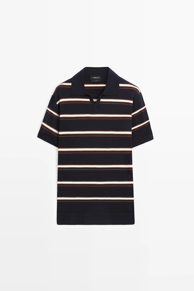 Striped V-neck knit polo shirt