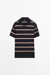 Striped V-neck knit polo shirt