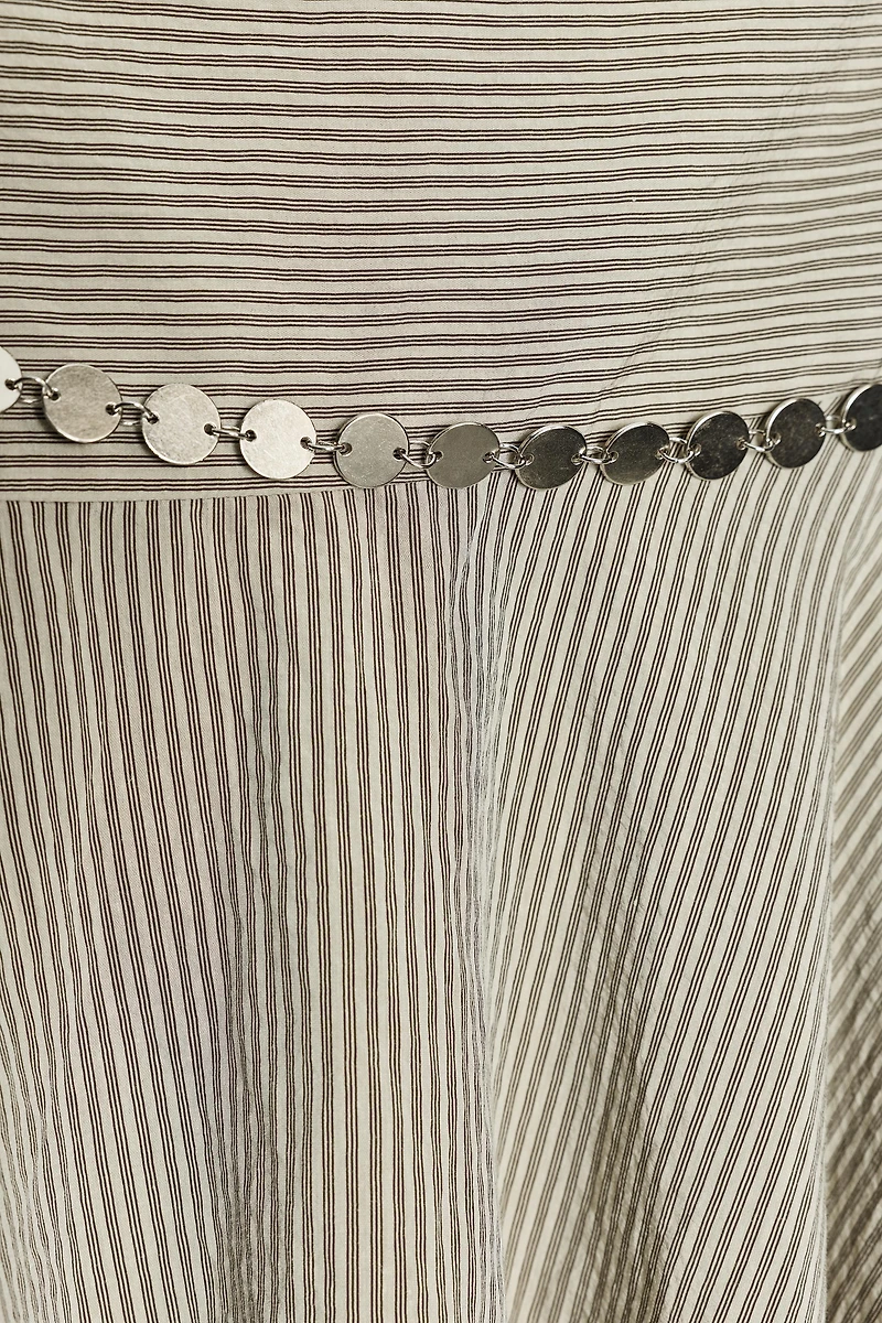 STRIPED ASYMMETRIC BELTED MIDI SKIRT