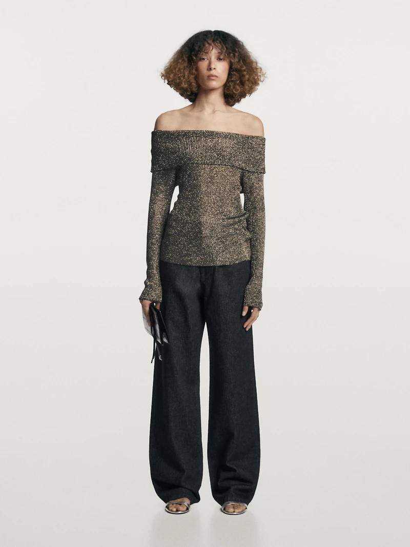 Off-the-shoulder knit sweater with metallic finish