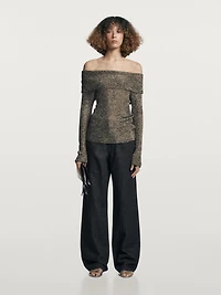 Off-the-shoulder knit sweater with metallic finish