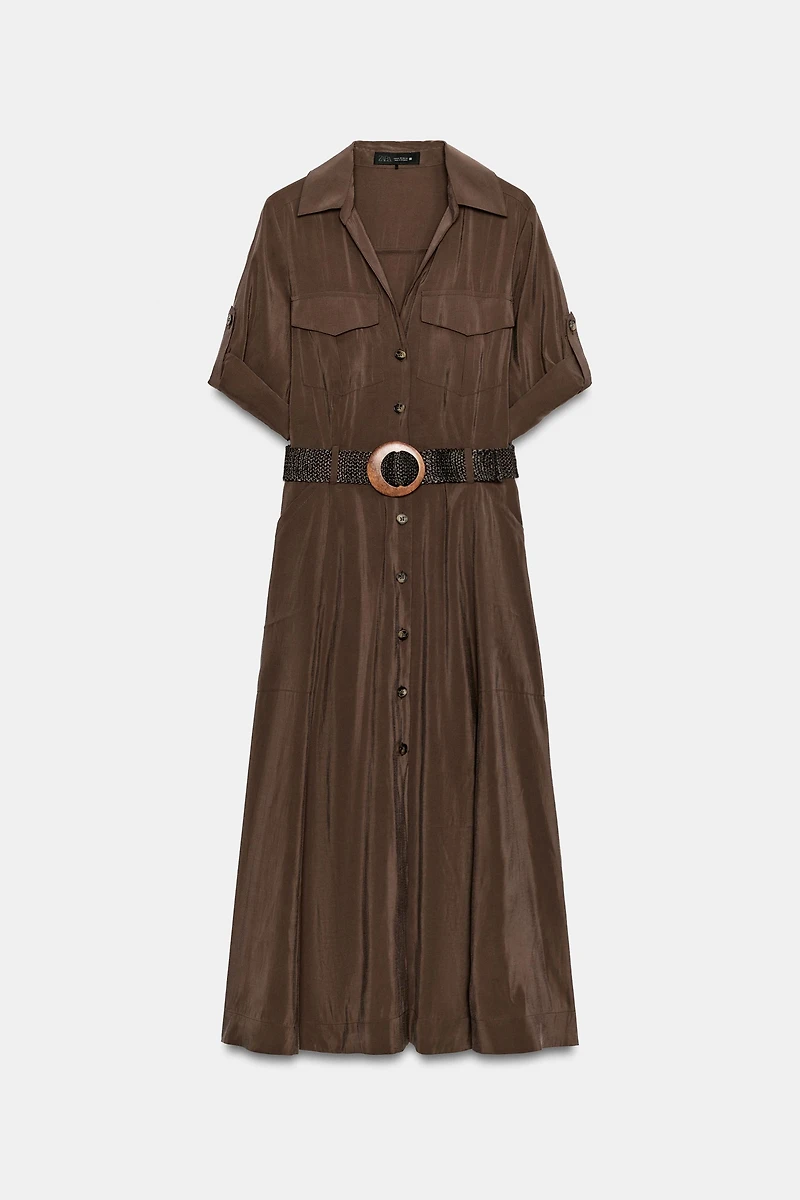BELTED FLOWY SHIRT DRESS