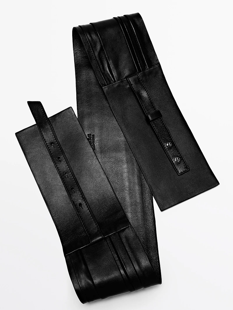 Pleated nappa leather sash belt