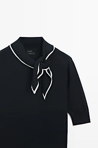 100% cotton knit sweater with scarf detail