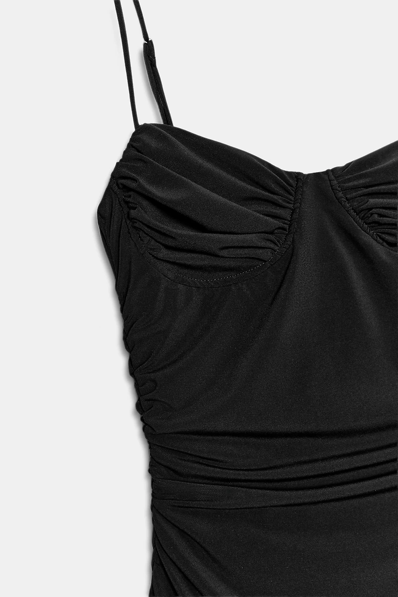 RUCHED STRAPPY MIDI DRESS