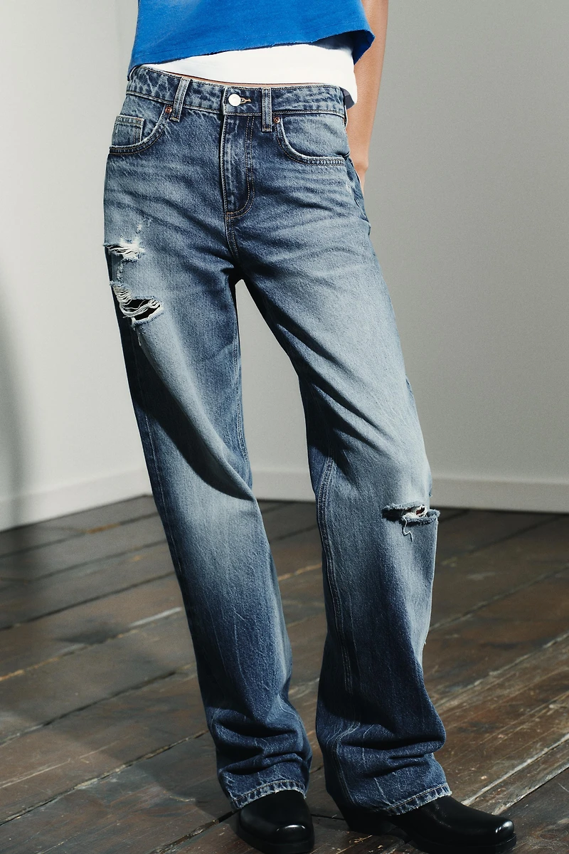 TRF MID-RISE RIPPED WIDE LEG JEANS