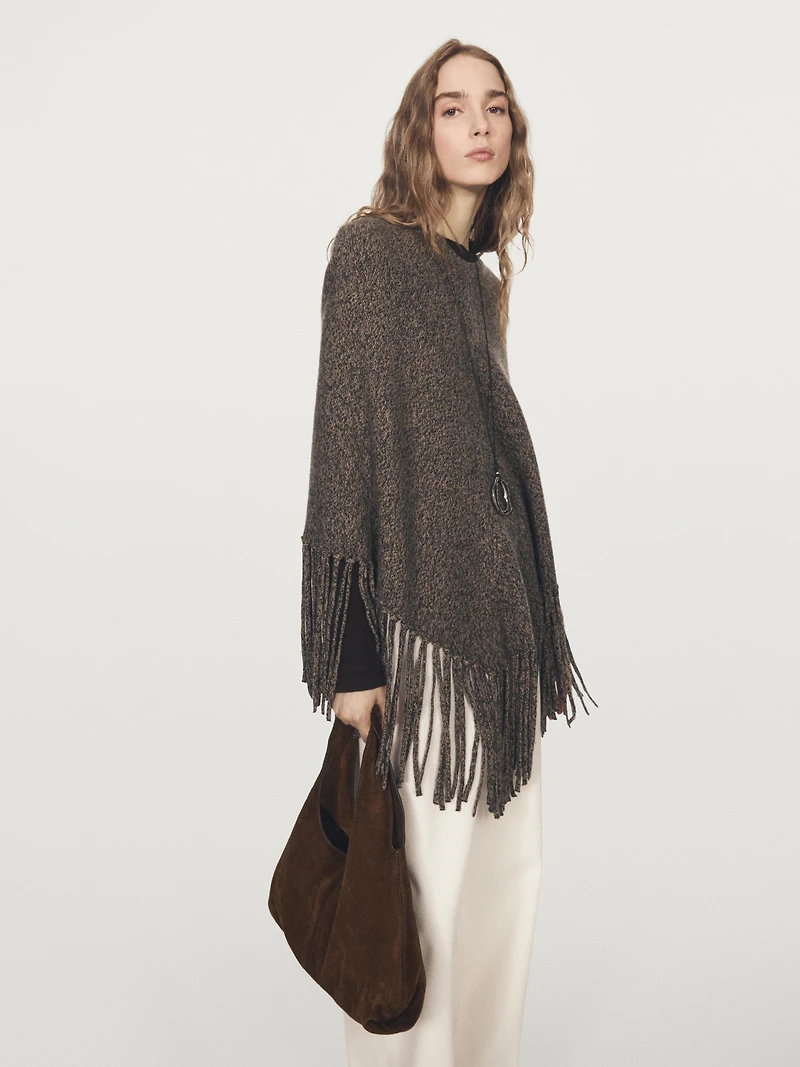 Wool blend mouliné knit cape with fringing