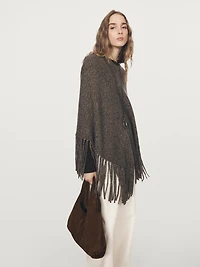 Wool blend mouliné knit cape with fringing