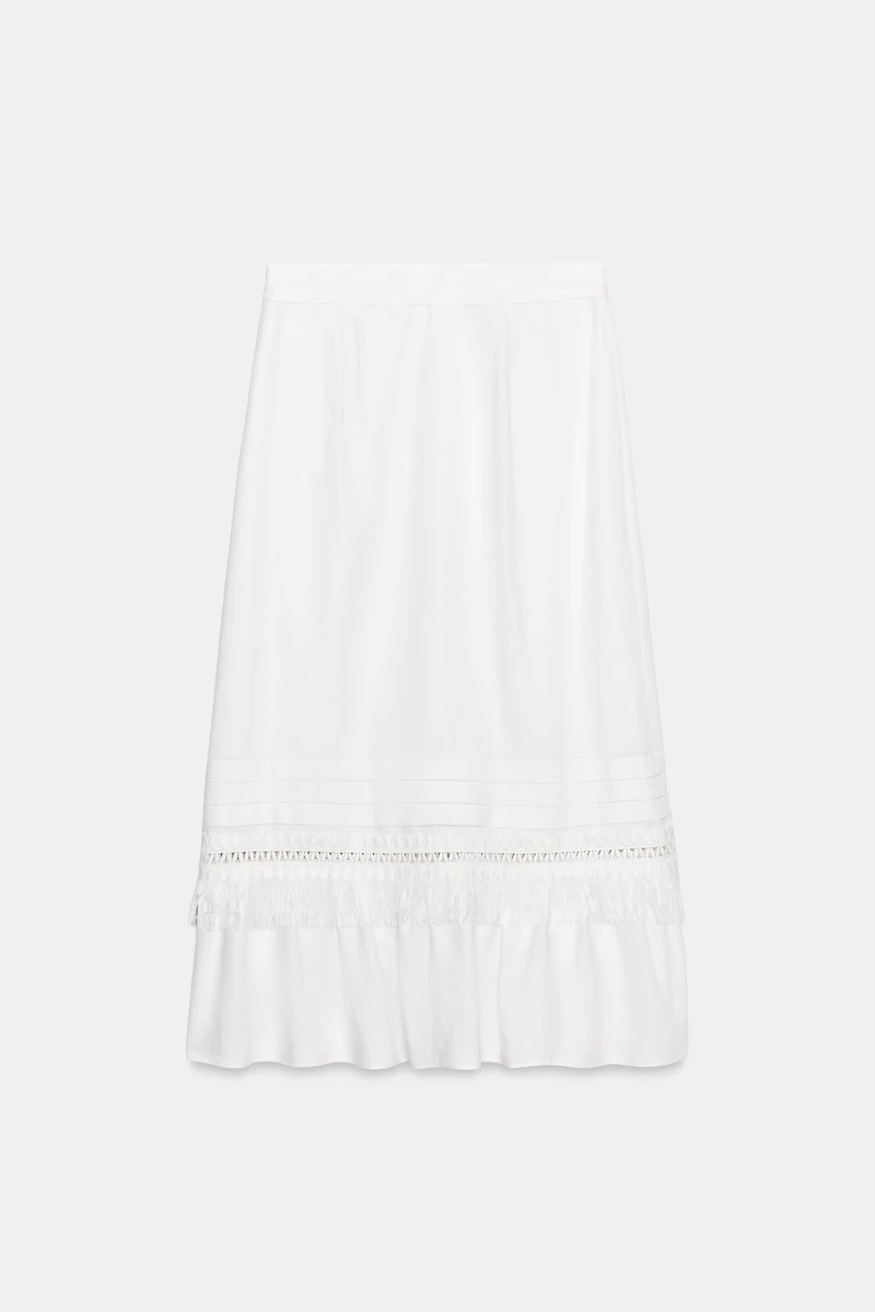 LINEN FRINGED MIDI SKIRT