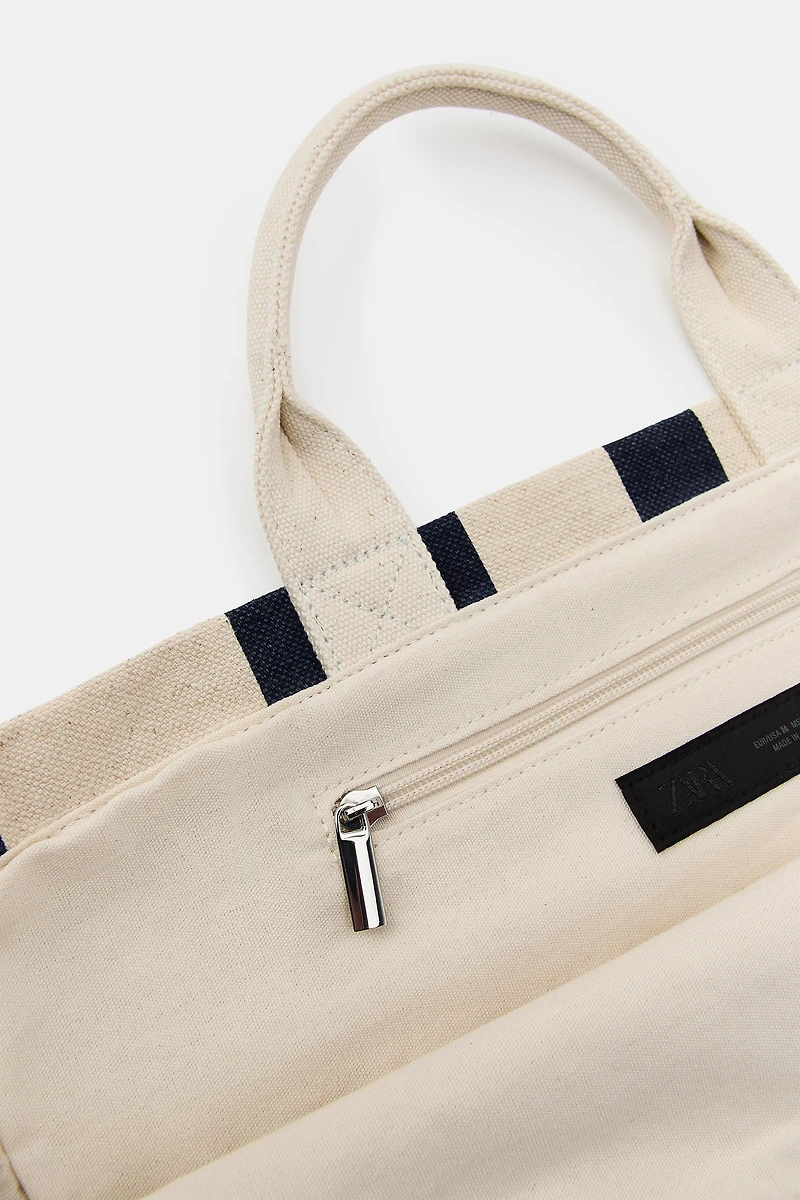 MAXI STRIPED FLORAL EMBROIDERY TOTE
