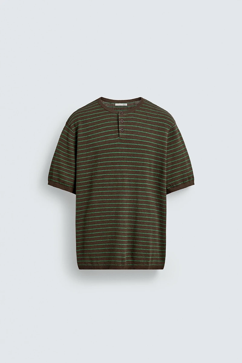 T-SHIRT EN MAILLE COL BOUTONNÉ COTON-LIN
