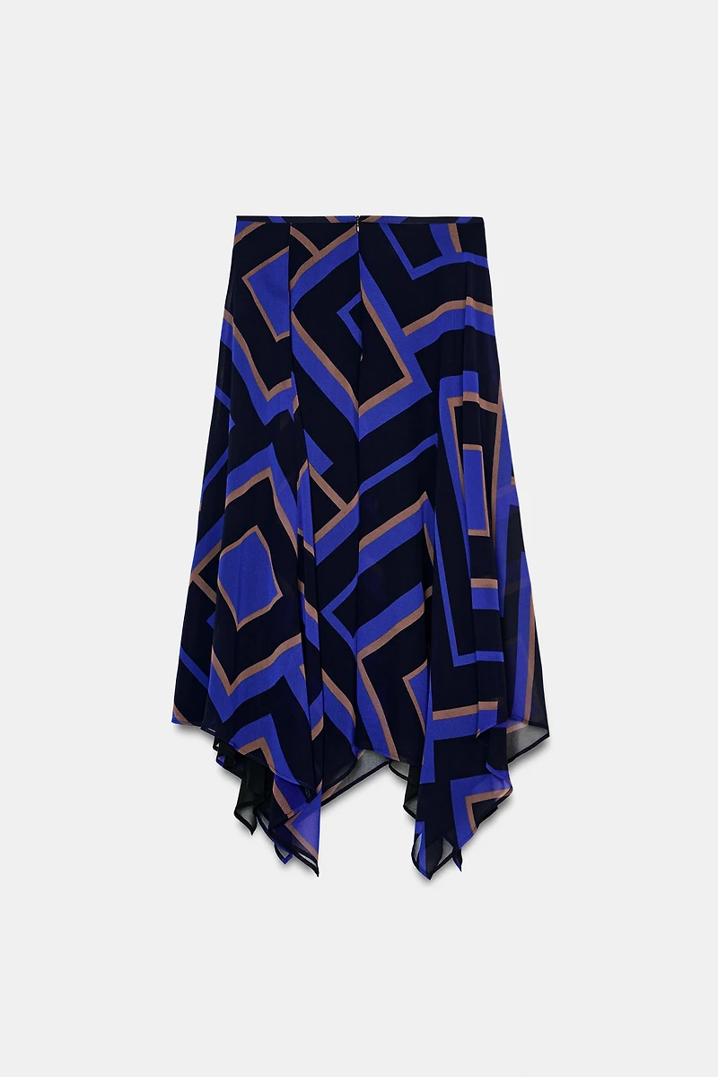 ASYMMETRIC PRINTED MIDI SKIRT