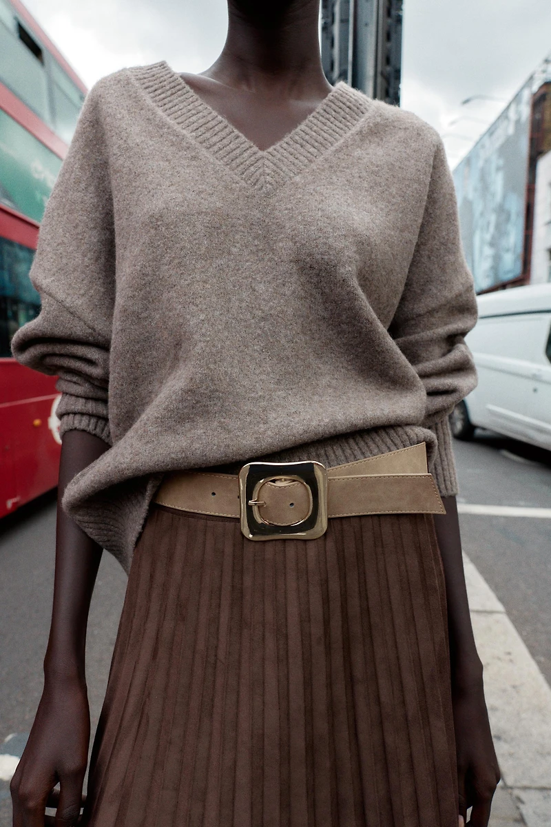 BELTED FAUX SUEDE EFFECT PLEATED MIDI SKIRT