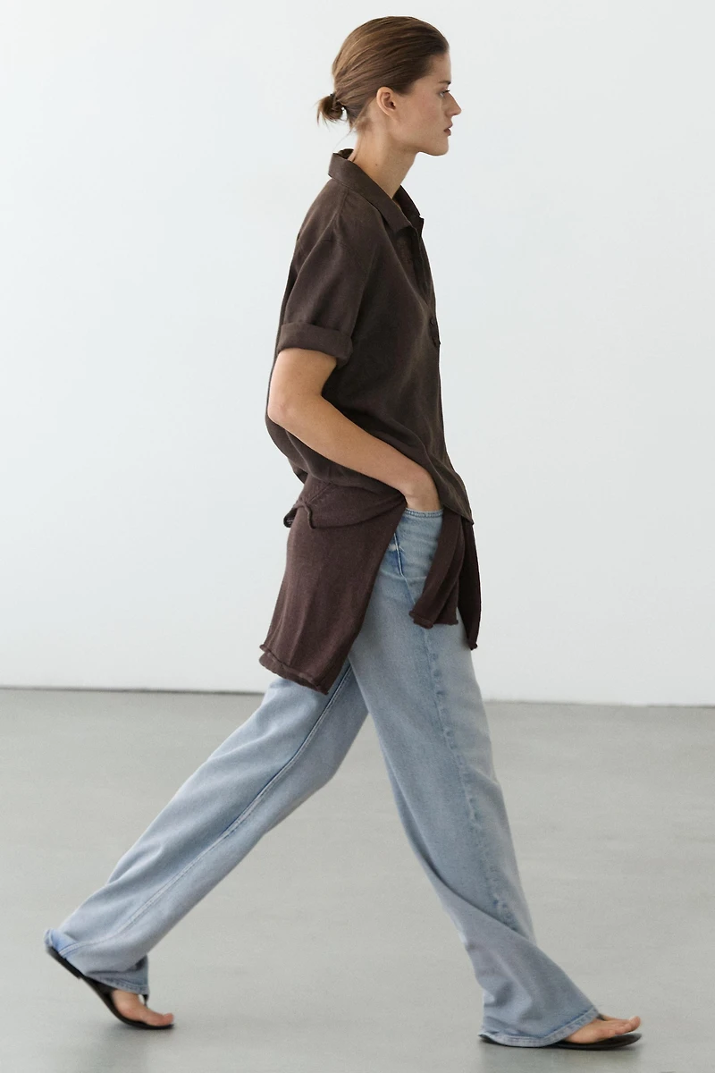 Linen blouse with polo collar