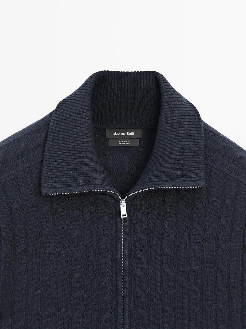 100% wool cable-knit zip-up cardigan