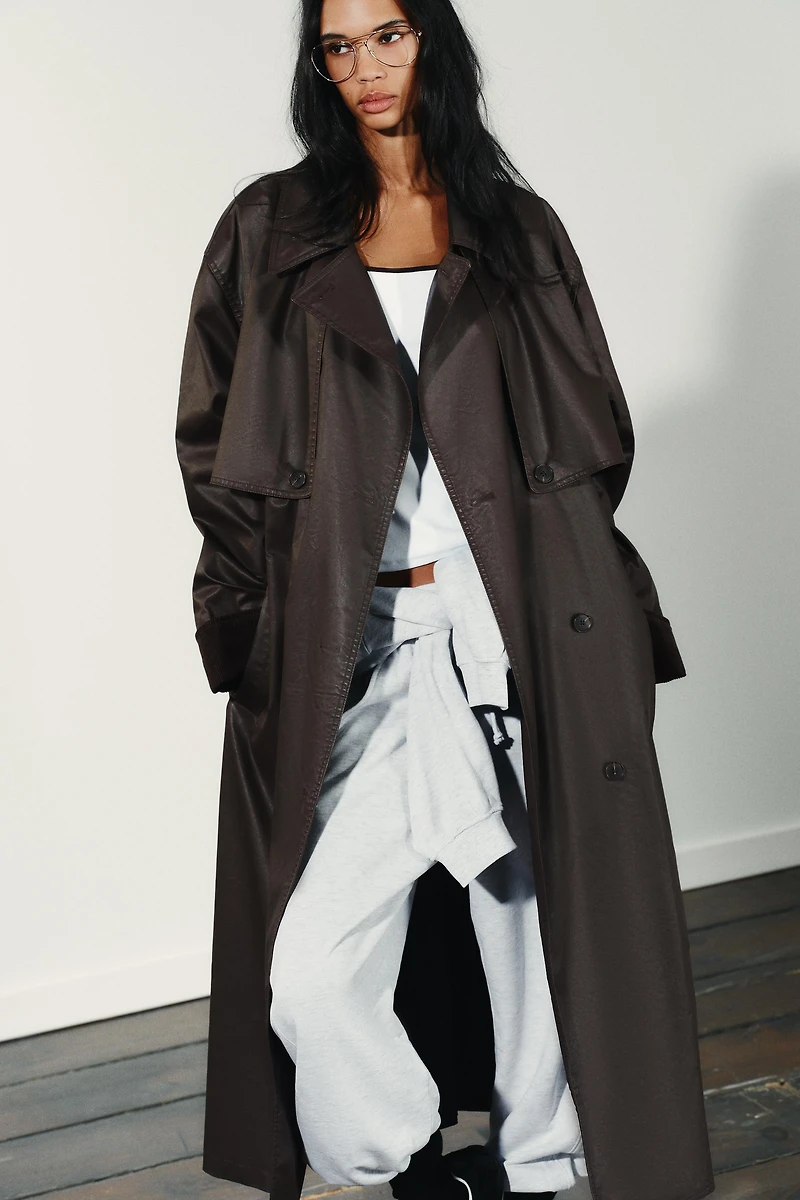LONG WAXED TRENCH COAT WITH CORDUROY CUFFS