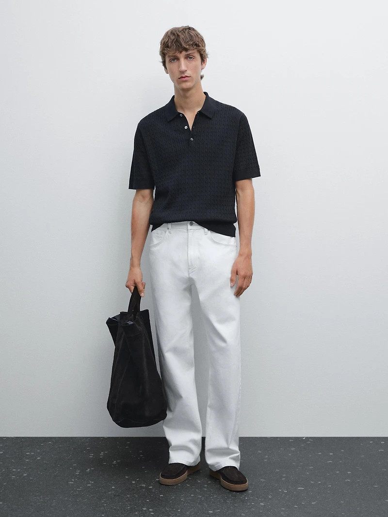 100% cotton cable-knit polo sweater
